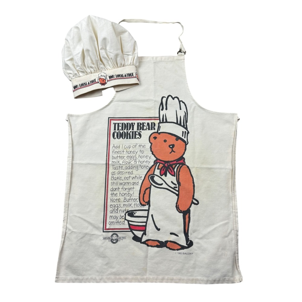 Vintage 80s Bialosky Teddy Bear Cookies Apron and Chef Hat Set Cream USA Made